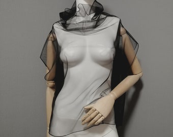 Black Mesh Tulle Top - High Neck Gothic Blouse, Sheer Cape