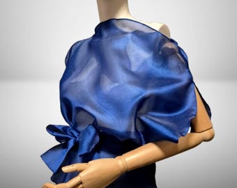 Blue  Belted Bias cut Blouse made of translucent flowing organza. Transparent sleeveless shirt. Sheer Elegant woman's top. Special cover up.