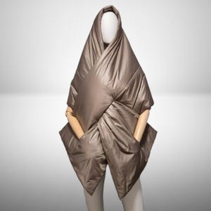 Hooded quilted green cape with 2 pockets. Large puffer sleeveless cloak. Extravagant winter poncho. Futuristic padded coat. Different colors