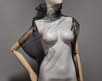 Black mesh tulle top with high collar. Transparent special shirt. High neck gothic blouse. Sheer evening cape. See through clothing unisex.