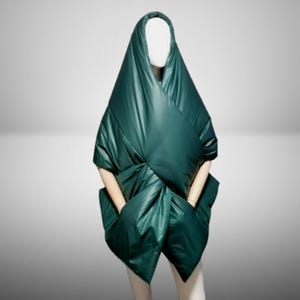 Hooded quilted green cape with 2 pockets. Large puffer sleeveless cloak. Extravagant winter poncho. Futuristic padded coat. Different colors