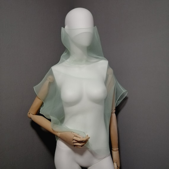 Mint High Neck Blouse made of crinkled organza. Transparent sleeveless shirt. Sheer Elegant woman's top. Special cover up.