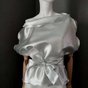 May include: A silver, sheer, off-the-shoulder blouse with a ruffled neckline and a bow tie at the waist.