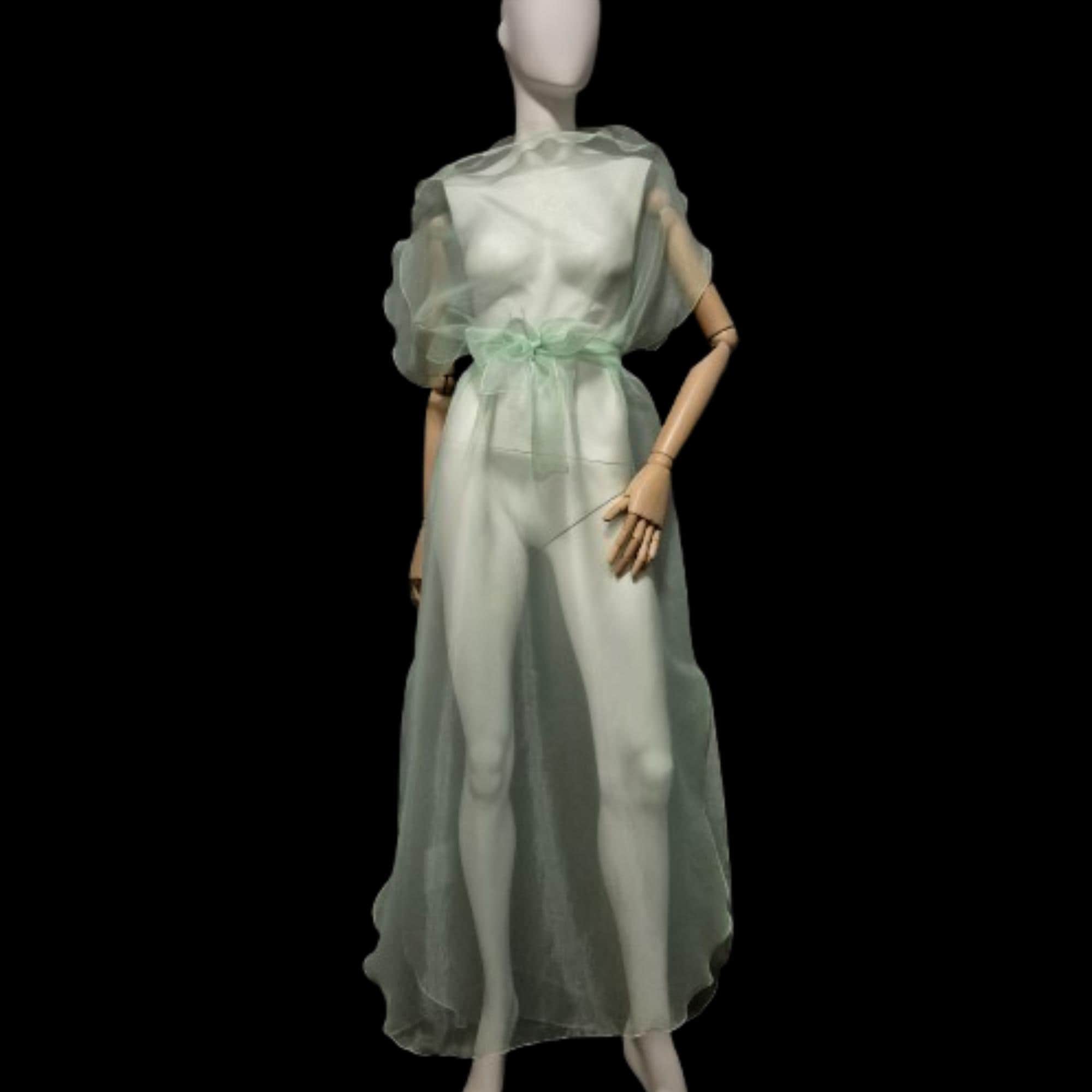 Sheer Overlay Belted Dress made of Transparent Organza Mint color. Romantic stile long sleeveless Tunic. Elegant Woman's Special cover up.