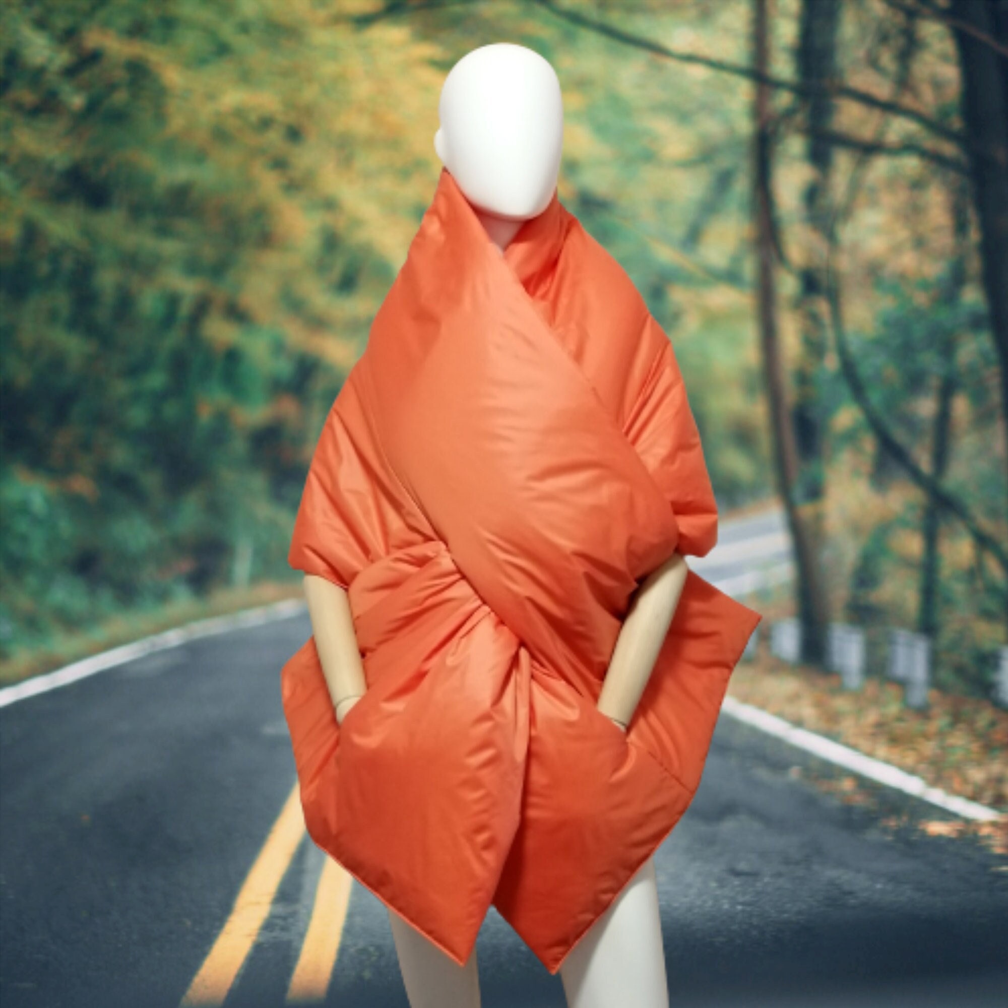 Long Wide Scarf Puffer With 2 Pockets 20x80 In. Cape Around Shoulders