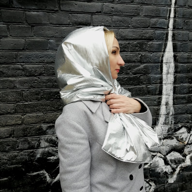 For Janice. Pink Metallic Foil Fabric Warm Hooded Scarf, Women's