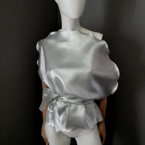 May include: A silver, shimmery top with a ruffled neckline and a tie at the waist.