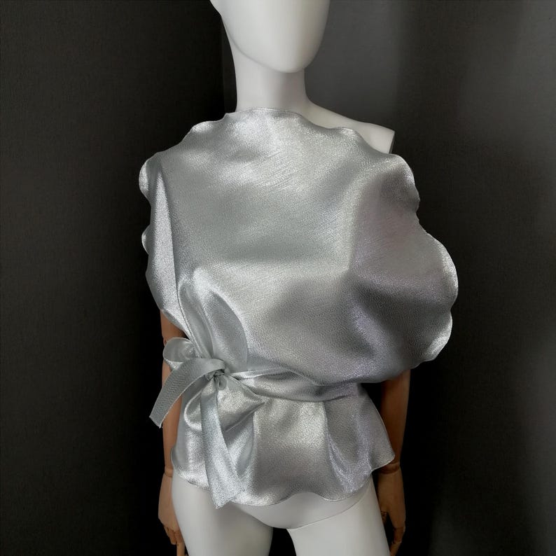 May include: A silver, shimmery top with a ruffled neckline and a tie at the waist.