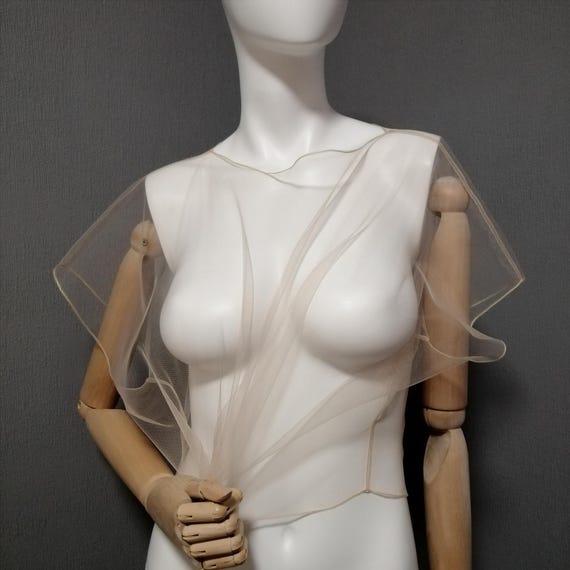 Beige mesh top. Short loose beige mesh blouse. Overlay tulle top. Transparent crop shirt. Sheer Extravagant wedding cape. Oversized cover up