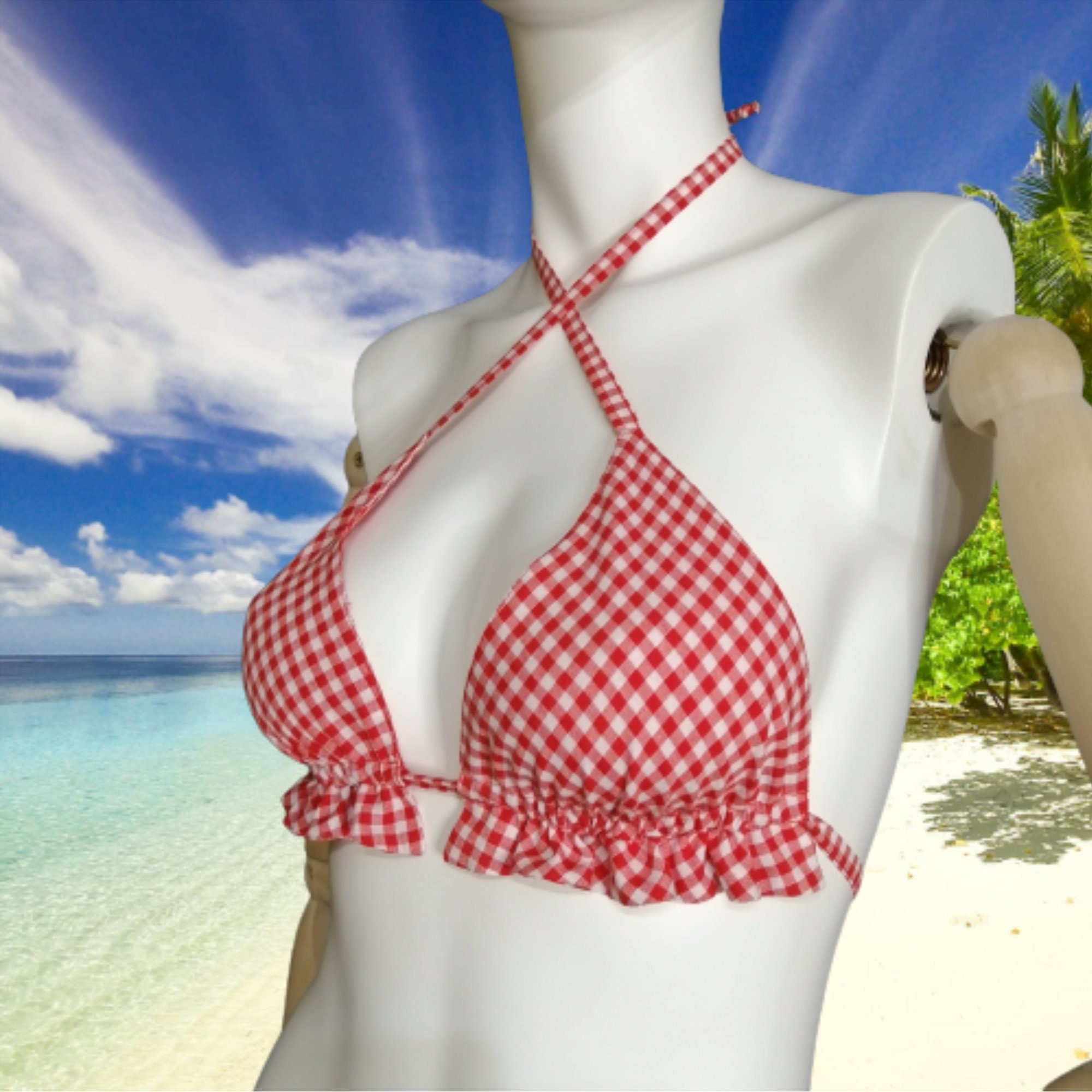 Two Sided Red-white Gingham Bra for Women and Girls. Open Back