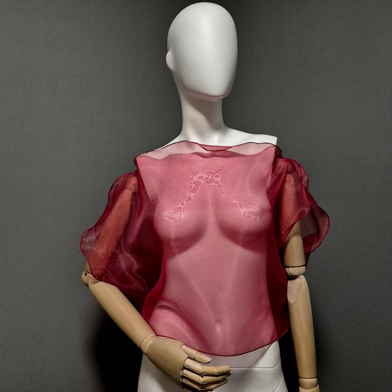 K&ouml;nnte beinhalten: Ein transparentes, bordeauxfarbenes Oberteil mit kurzen, ger&uuml;schten &Auml;rmeln und einem zarten, gestickten Design. Auf einer Schaufensterpuppe vor grauem Hintergrund pr&auml;sentiert, betont es den leichten Stoff.