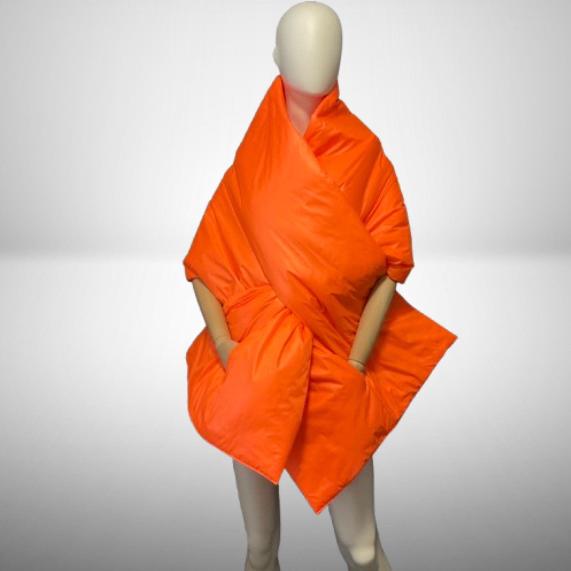 Neon Orange Long Cape. Wide Scarf Puffer With 2 Pockets 20x80 In