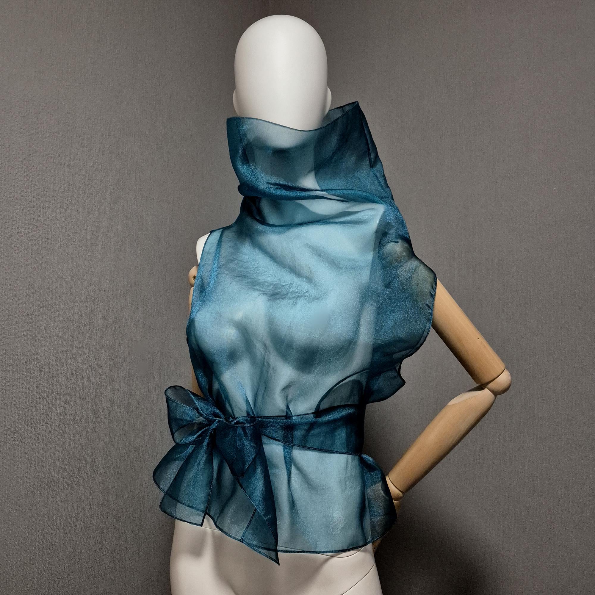 Emerald green High Neck Belted Blouse made of crinkled organza. Transparent sleeveless shirt. Sheer Elegant woman's top. Special cover up.