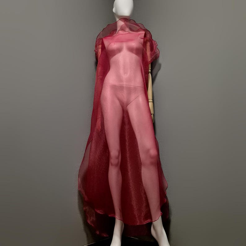 May include: A sheer, burgundy-colored cape and dress set displayed on a mannequin. The dress is a body-hugging, see-through garment, and the cape drapes over the shoulders. The mannequin has a white head and is positioned against a gray background.