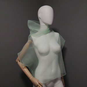 Puede incluir: Una blusa transparente de color verde claro con cuello alto y mangas cortas. La blusa est&aacute; hecha de una tela ligera y fluida, perfecta para superponer.