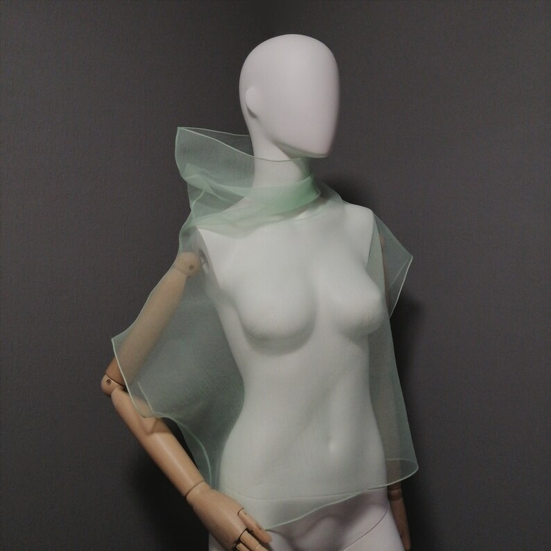 Puede incluir: Una blusa transparente de color verde claro con cuello alto y mangas cortas. La blusa est&aacute; hecha de una tela ligera y fluida, perfecta para superponer.
