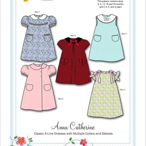 May include: A sewing pattern sheet titled Anna Catherine Classic A-Line Dresses with Multiple Collars and Sleeves, featuring five dress illustrations in blue floral, red gingham, light blue check, solid pink, and green geometric patterns.