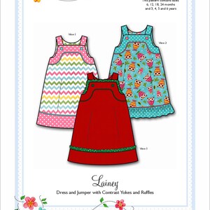 May include: A sewing pattern illustration titled Lainey Dress and Jumper with Contrast Yokes and Ruffles, featuring three sleeveless jumper designs in chevron, owl print, and solid red fabric with button details and ruffled hem options.