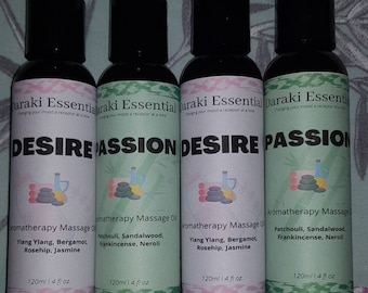 May include: Four aromatherapy massage oil bottles with black caps. Two bottles are labeled "Desire" and two are labeled "Passion." Each bottle is 4 fl oz (120ml). The labels include ingredients like Ylang Ylang, Bergamot, Rosehip, Jasmine, Patchouli, Sandalwood, Frankincense, and Neroli.