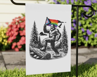 Progress Pride Bigfoot Garden Flags, LGBTQ Garden Decor, Sasquatch Signs, LGBT Garden Flag, Gay Yeti Sign, New House Gift, Pride House Flag