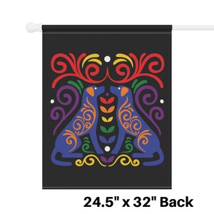May include: A black garden flag with a rainbow design featuring two blue dogs facing each other. The dogs are outlined in orange, yellow, green, and purple. The background is black with a rainbow-colored floral design.