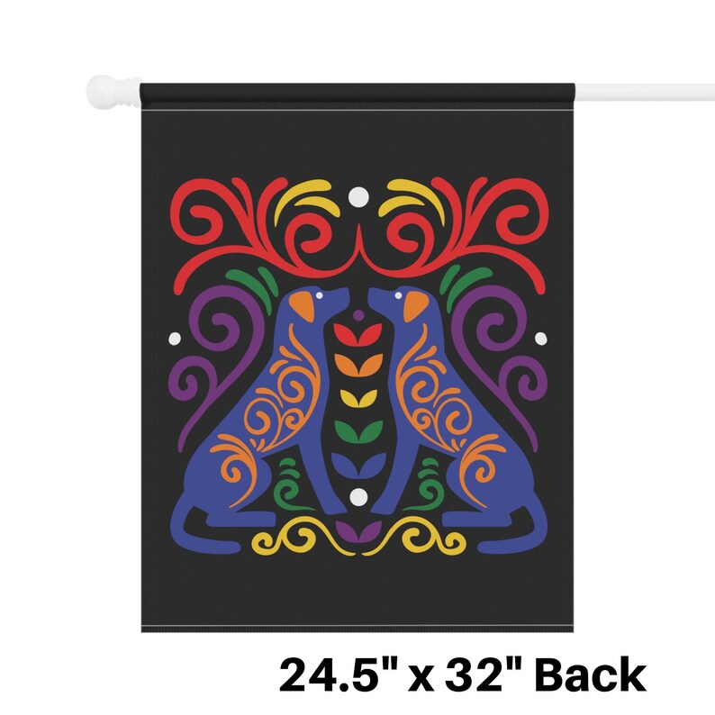 May include: A black garden flag with a rainbow design featuring two blue dogs facing each other. The dogs are outlined in orange, yellow, green, and purple. The background is black with a rainbow-colored floral design.