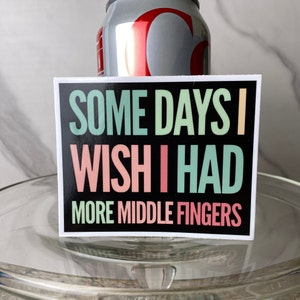 K&ouml;nnte beinhalten: Ein schwarz-wei&szlig;er Aufkleber mit dem Text "Some days I wish I had more middle fingers" in bunten Buchstaben. Der Aufkleber befindet sich auf einer Glasoberfl&auml;che.