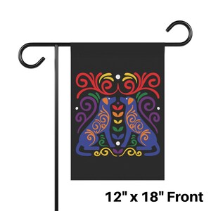 May include: A 12" x 18" garden flag with a black background and a colorful design of two dogs facing each other. The dogs are blue with rainbow-colored accents and are surrounded by colorful floral designs.