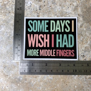 K&ouml;nnte beinhalten: Ein schwarzer Aufkleber mit wei&szlig;em Text, der "Some days I wish I had more middle fingers" lautet. Der Text ist in einem Regenbogen-Farbschema mit Gr&uuml;n, Rosa und Hellblau gehalten.