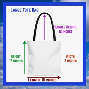 May include: A white tote bag with black handles. The bag measures 18 inches in length, 18 inches in height, and 3 inches in width. The handles are 12 inches tall.