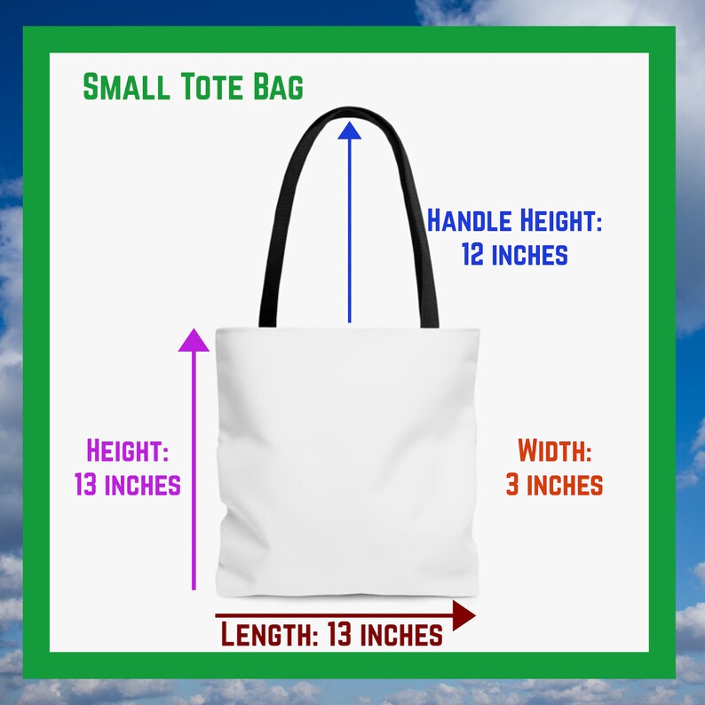 May include: A white tote bag with black handles. The bag measures 13 inches in length, 13 inches in height, and 3 inches in width. The handles are 12 inches tall.