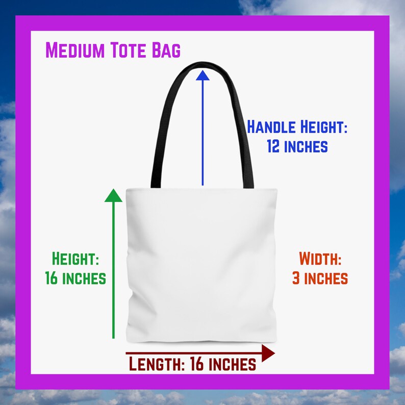 May include: A white tote bag with black handles. The bag is 16 inches long, 16 inches high, and 3 inches wide. The handles are 12 inches high. MEDIUM TOTE BAG.