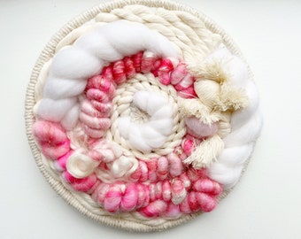 Round Woven Wall Hanging | Pink Home Decor | Yarn Wall Art | Weaving | Tapestry