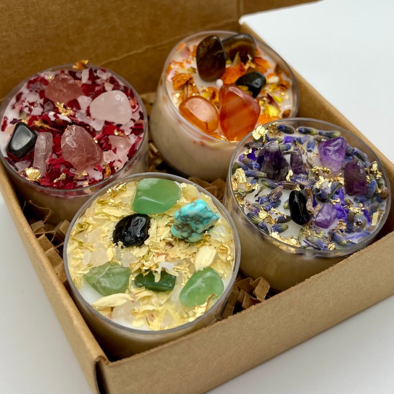 Set of 4 Tea Light Intention Candles With Crystals for Etsy