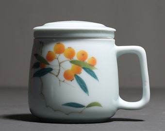 Hand Painted Ceramic Tea Mugs with Lid and Tea Strainer