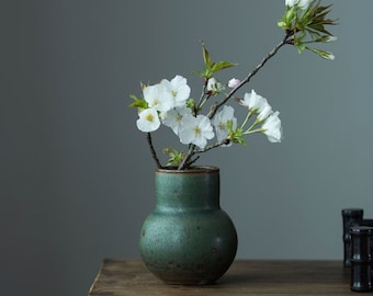 Handmade Ceramic Vase, traditional Japanese Green Vintage Style