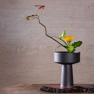 Handmade High Stem Ceramic Ikebana Vase/ Snack Plate in Matte Black, Kenzan Flower Frog Included