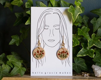 Floral Hand Painted Clay Earrings | Boho | Gold | Light Weight