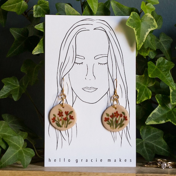 Floral Hand Painted Clay Earrings | Boho | Gold | Light Weight