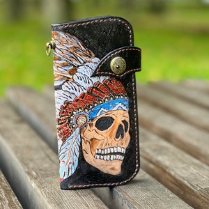 Handmade Leather Long Wallet Biker Wallet ,skull wallet,Hand-tooled biker wallet,indian skull