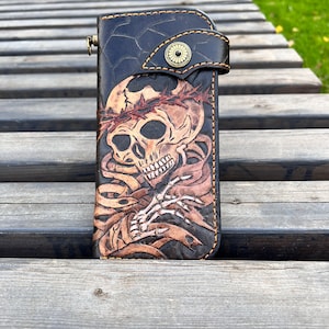 Handmade Leather Long Wallet Biker Wallet ,skull wallet,Hand-tooled biker wallet