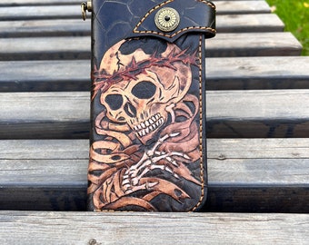 Handmade Leather Long Wallet Biker Wallet ,skull wallet,Hand-tooled biker wallet