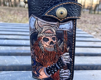 Handmade Leather Long Wallet Biker Wallet ,skull wallet,Viking skull,celtic ,odin skull,  Hand-tooled biker wallet