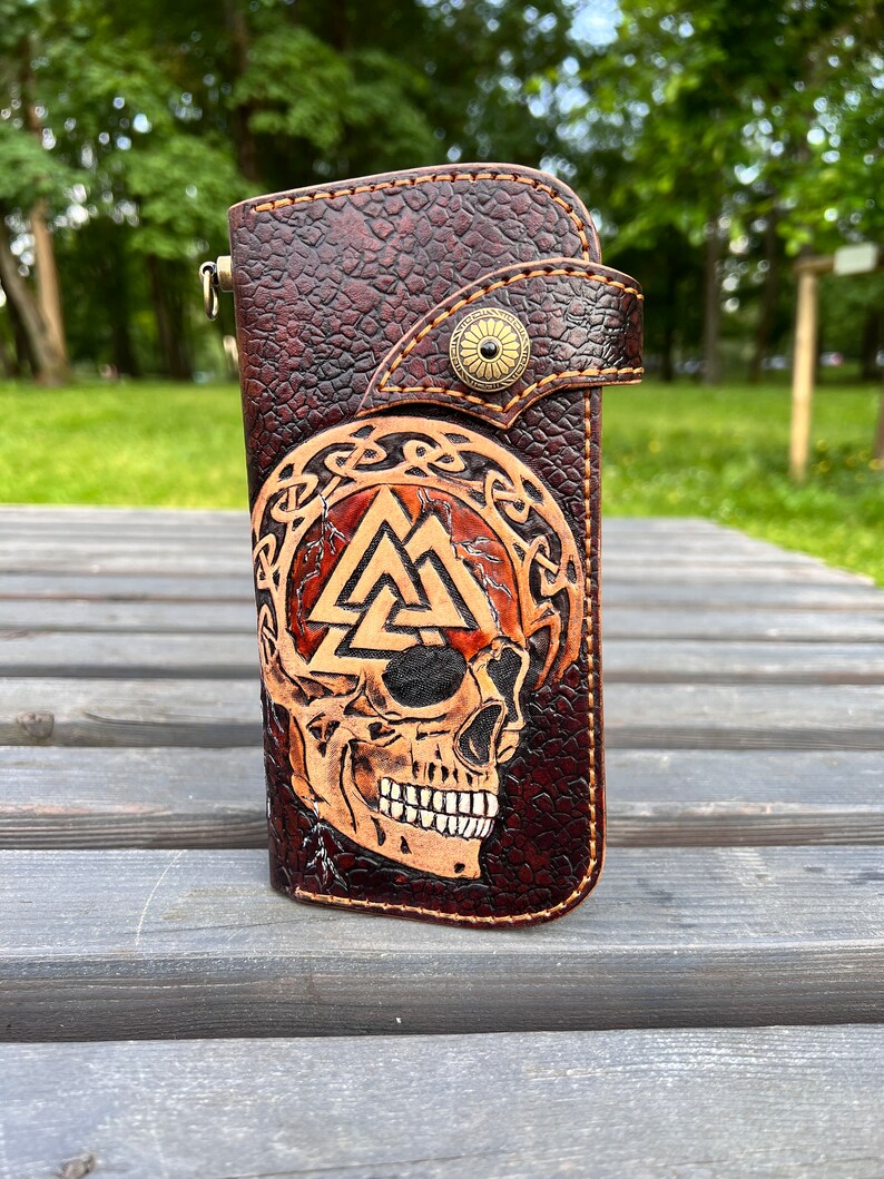 Handmade Leather Long Wallet Biker Wallet skull Wallet viking Skull 