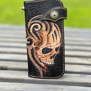 Cartera larga de cuero hecha a mano, cartera de motociclista, cartera de calavera, cartera de motociclista hecha a mano