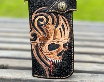 Handmade Leather Long Wallet Biker Wallet ,skull wallet,Hand-tooled biker wallet