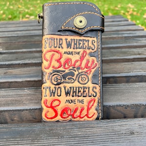 Cartera larga de cuero hecha a mano Cartera de motociclista, cuatro ruedas mueven el cuerpo, dos ruedas mueven el alma. Cartera de motociclista hecha a mano