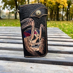 Cartera larga de cuero hecha a mano Cartera de motociclista, billetera de calavera, billetera de motociclista hecha a mano