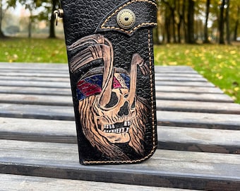 Handmade Leather Long Wallet Biker Wallet ,skull wallet,Hand-tooled biker wallet