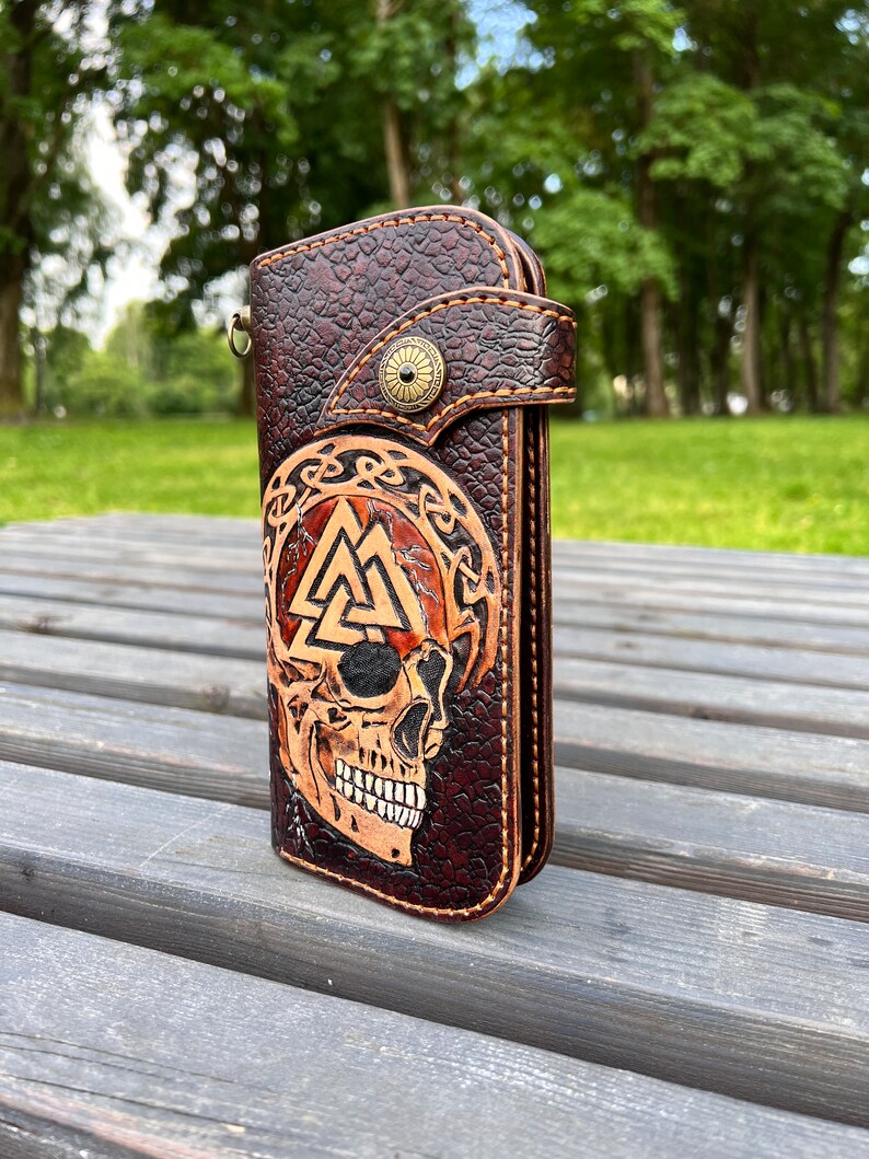 Handmade Leather Long Wallet Biker Wallet skull Wallet viking Skull 